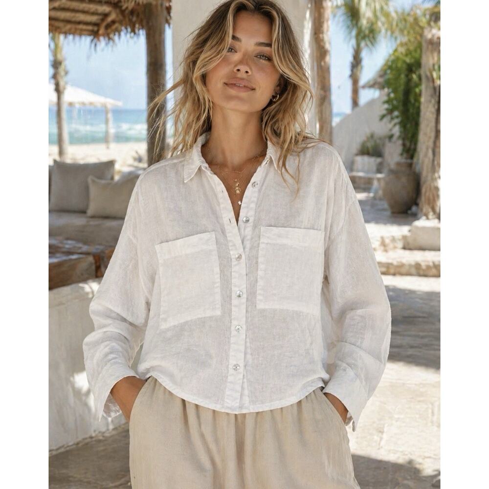 Cynthia Rowley Shirt Women L White Linen Cropped Long Sleeve Shacket Button Up - Picture 3 of 9